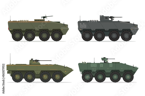 Detailed Flat Vector Illustration of Armored Personnel Carrier (APC), Side View, Military Vehicle Illustration