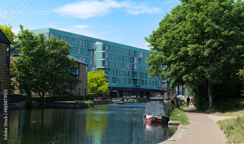 Photography London - 06 04 2022: View of the Regent's Canal and in the background the Stay Q