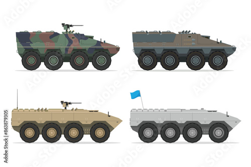 Detailed Flat Vector Illustration of Armored Personnel Carrier (APC), Side View, Military Vehicle Illustration