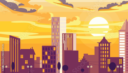 Vector illustration of a beautiful city landscape with sunset or sunrise.Cartoon scenes of modern high-rise buildings,skyscrapers with sunlight reflecting in the windows,clouds,a sun,lamp posts,trees.