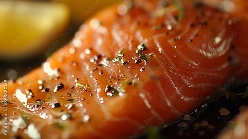 Close-up of salmon steak on a plate with a bokeh background Close-up of salmon steak on a plate with a bokeh background