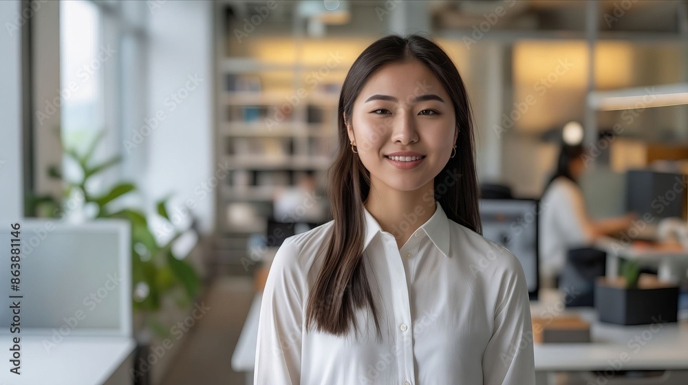 Asian woman in white shirt standing in an office. Asian woman in white shirt standing in an office.