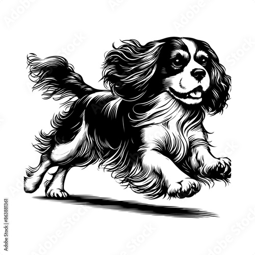 Spaniel in black and white animal illustration
