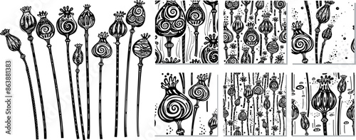 Poppy Heads Stencil and Seamless Patterns