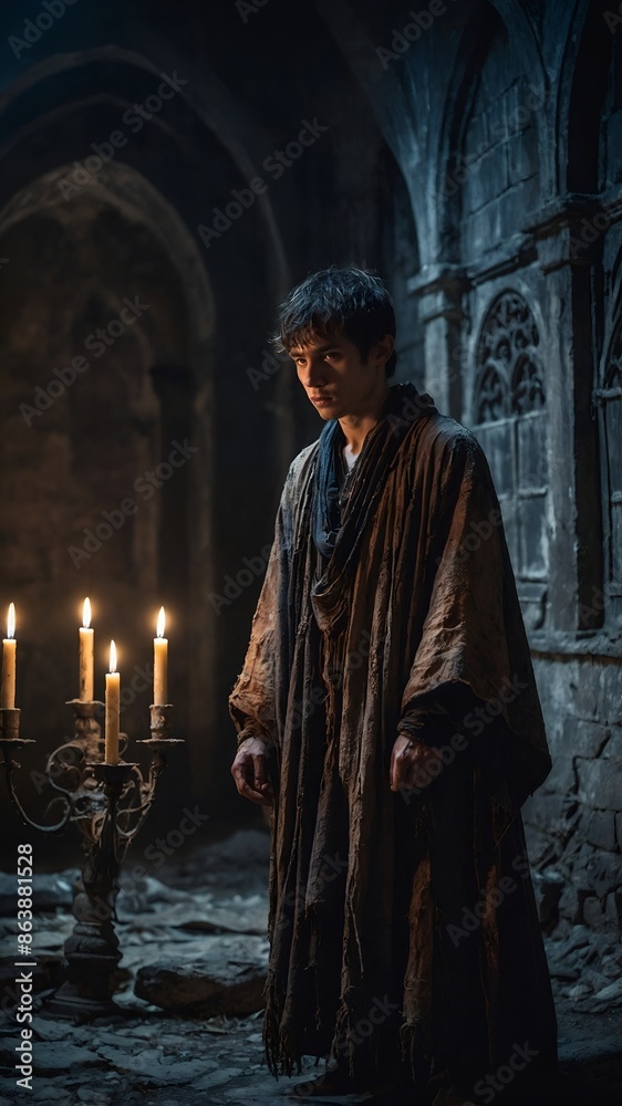 Naklejka premium Painting of a man standing in front of candles