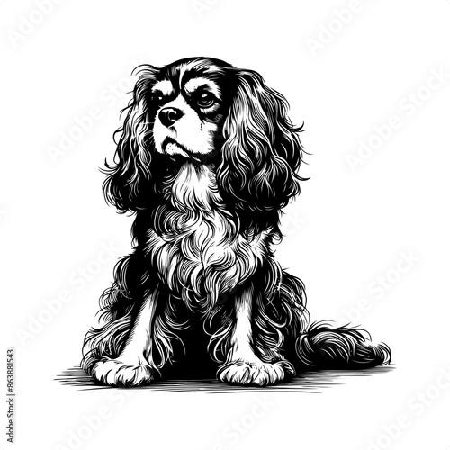 Spaniel in black and white animal illustration