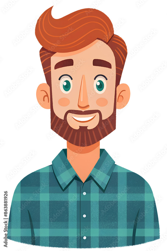 A cartoon illustration of a man with red hair and a beard, wearing a green plaid shirt. He is smiling brightly at the viewer A cartoon illustration of a man with red hair and a beard, wearing a green plaid shirt. He is smiling brightly at the viewer