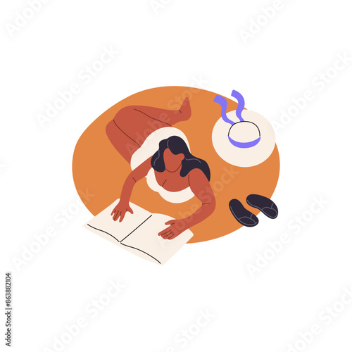 Tanned woman sunbathing on sand beach in sea vacations. Happy girl lying on seashore and reading book. People have a rest in summer holidays. Flat isolated vector illustration on white background