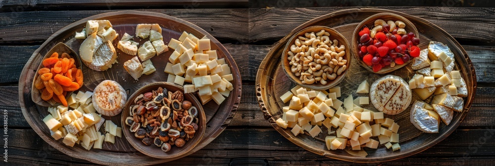 Wine Plates, Cheeseboard, Cheese Mix, Dried Fruits and Nuts. Various Cheese Pieces, Diced Cheddar