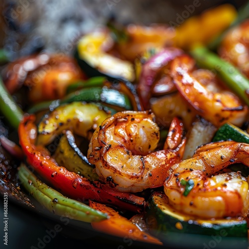 Wok with Grilled Vegetables, Tiger Shrimps or Prawns and Squid Rings Close Up, Fried Seafood © artemstepanov