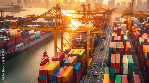 An aerial view of a port terminal, a container, a cargo ship