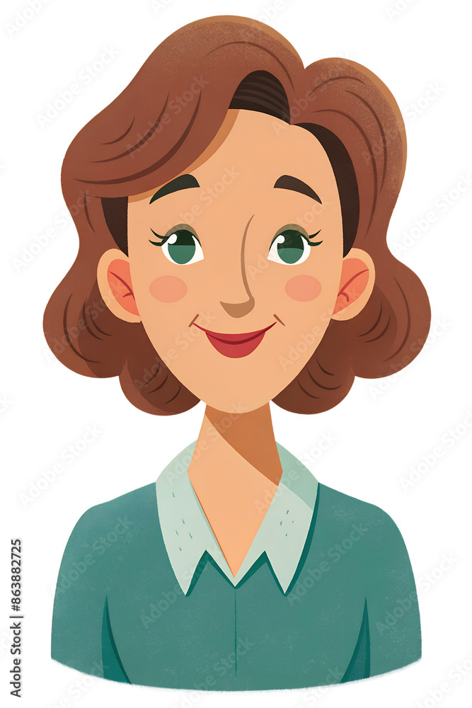 A cartoon illustration of a woman with brown hair and green eyes wearing a teal collared blouse. She smiles softly and looks to the right of the frame A cartoon illustration of a woman with brown hair and green eyes wearing a teal collared blouse. She smiles softly and looks to the right of the frame