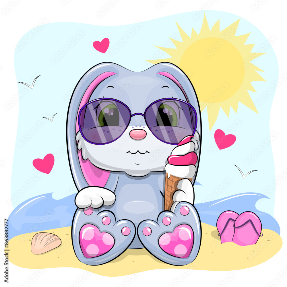 Fototapeta premium Cute cartoon rabbit in sunglasses with ice cream on a beach. Vector illustration of an animal on vacation.