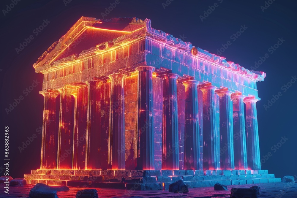 Obraz premium 3d render of a glowing greek temple at night with neon lights