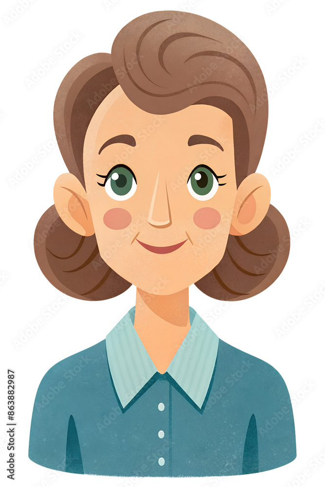 A cartoon illustration of a woman with brown hair and green eyes, wearing a blue shirt, smiling softly. She is looking towards the right side of the frame, with a gentle and welcoming expression A cartoon illustration of a woman with brown hair and green eyes, wearing a blue shirt, smiling softly. She is looking towards the right side of the frame, with a gentle and welcoming expression