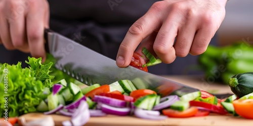 A beautiful hand slicing fresh vegetables with a chef's knife on a wooden cutting board.  photo
