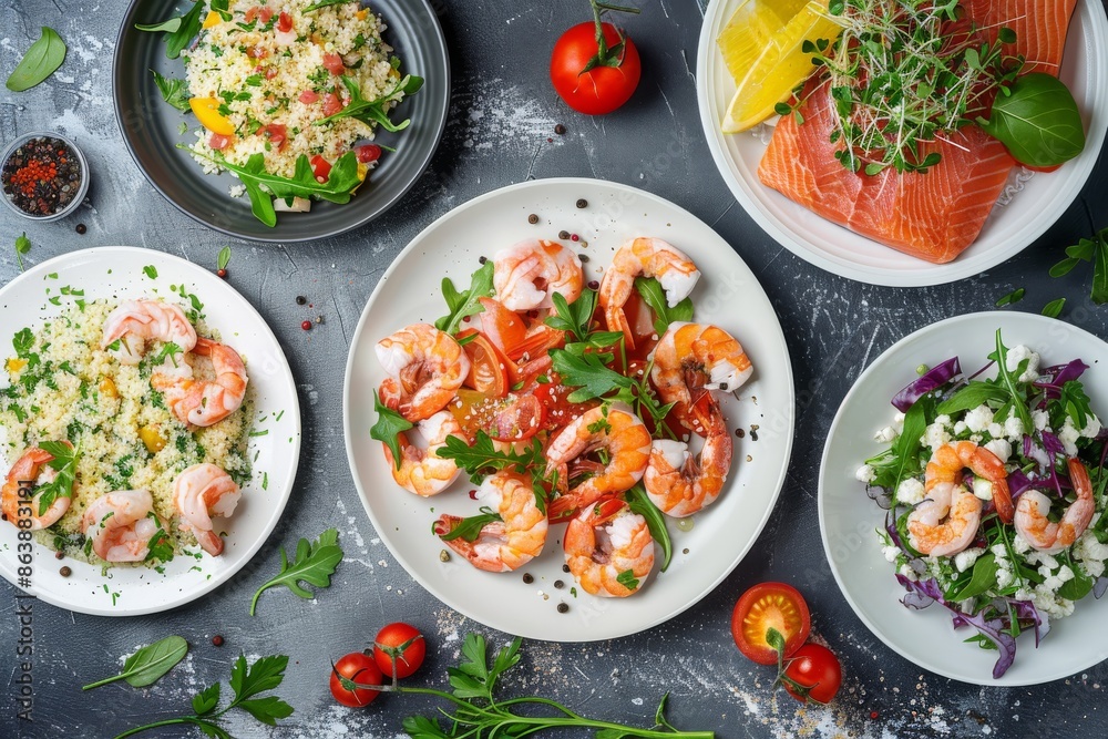 Salads Set, Various Meat and Vegetable Salats with Salmon, Shrimps, Tomatoes, Spices Top View Salads Set, Various Meat and Vegetable Salats with Salmon, Shrimps, Tomatoes, Spices Top View