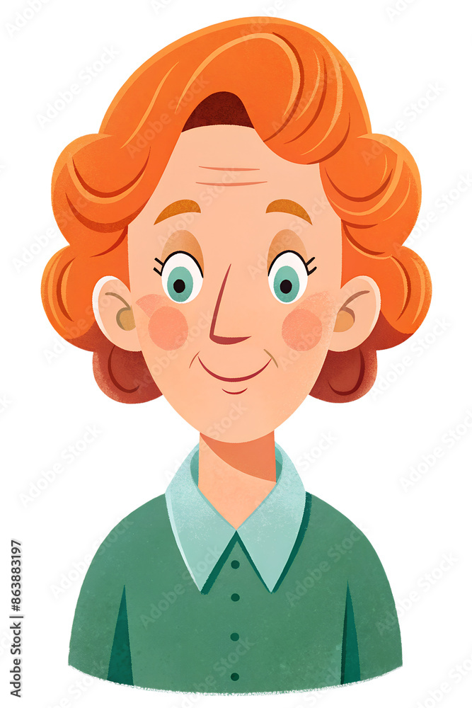 This is a digital illustration of a smiling woman with red hair and blue eyes. She is wearing a green shirt with a light blue collar This is a digital illustration of a smiling woman with red hair and blue eyes. She is wearing a green shirt with a light blue collar