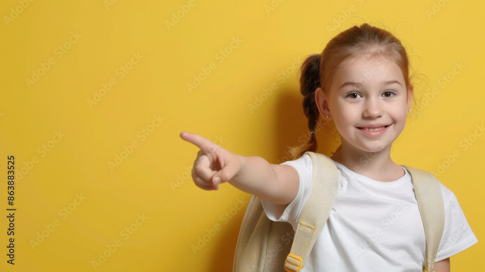 Happy little schoolgirl with backpack pointing at something on yellow background