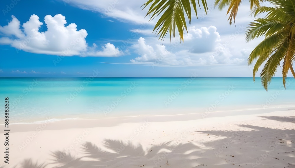 A tropical beach background with white sand, turquoise water, and isolated palm leaves in the foreground A tropical beach background with white sand, turquoise water, and isolated palm leaves in the foreground