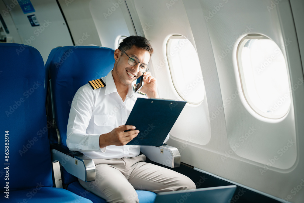 Asian Confident male pilot in uniform leaning at the passenger seat while standing inside of the airplane flight cockpit during takeof Asian Confident male pilot in uniform leaning at the passenger seat while standing inside of the airplane flight cockpit during takeof