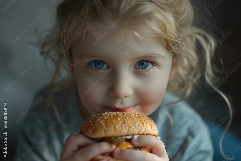 A young girl enjoying a burger, perfect for kids' food or mealtime illustrations A young girl enjoying a burger, perfect for kids' food or mealtime illustrations
