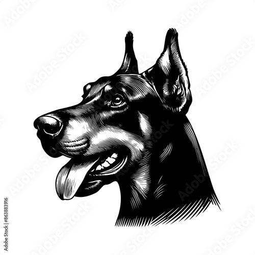 Doberman in black and white animal illustration