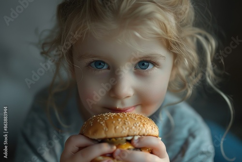 A young girl enjoying a burger, perfect for kids' food or mealtime illustrations