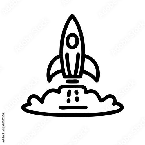Minimalist black and white rocket launch icon, startup and innovation representation