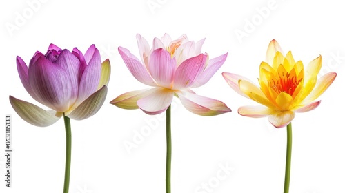 Three colorful lotus flowers arranged in a row, isolated on a white background.