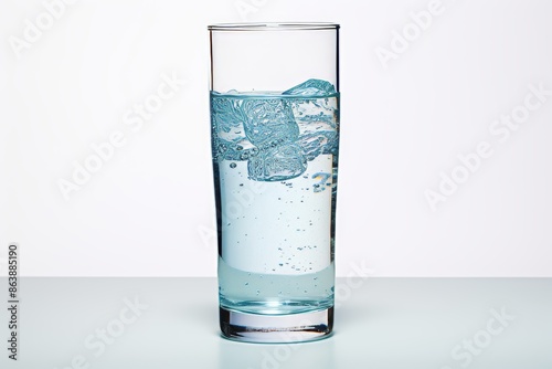 Minimalistic glass of chilled water on white background, emphasizing freshness and cleanliness