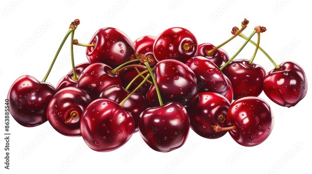 A bouquet of cherries is arranged on a transparent white background A bouquet of cherries is arranged on a transparent white background