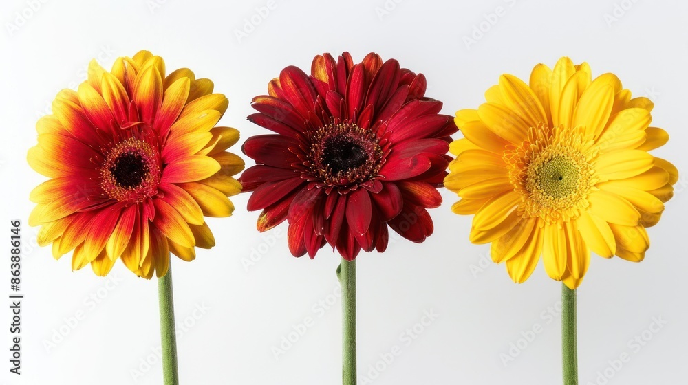 Three gerbera flowers arranged in a row, isolated on white background. Three gerbera flowers arranged in a row, isolated on white background.