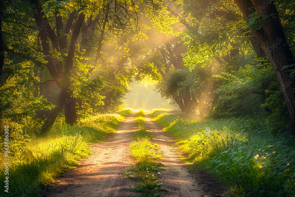 Obraz premium Picture of summer sunrise in green forest AI generative