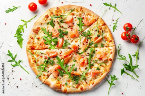 Salmon Pizza with Salmon, Rucola Leaves Seafood Flatbread with Arugula, Cherry Tomatoes, Mozzarella