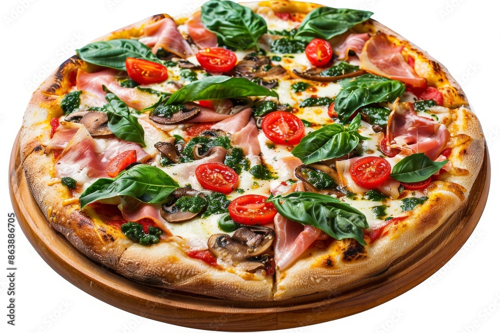 Parma Ham Pizza with Porcini Mushrooms, Mozzarella, Basil, Cherry Tomatoes, Pesto Parma Ham Pizza with Porcini Mushrooms, Mozzarella, Basil, Cherry Tomatoes, Pesto
