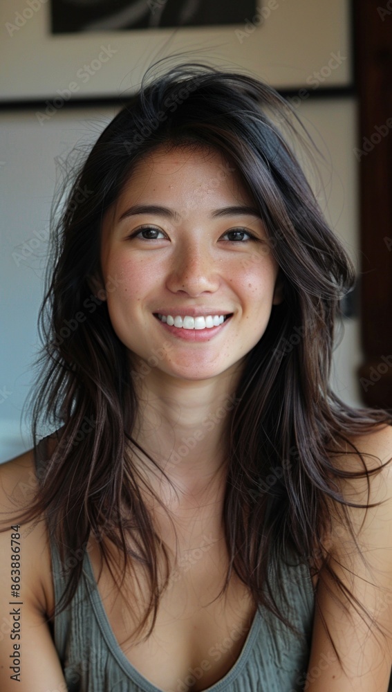 With each snapshot, immortalize the sheer delight and unblemished joy of a smiling Asian woman, her sunny disposition a testament to life's beauty. With each snapshot, immortalize the sheer delight and unblemished joy of a smiling Asian woman, her sunny disposition a testament to life's beauty.