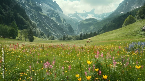 This is a beautiful landscape photo of a mountain valley in the Swiss Alps. © Farm