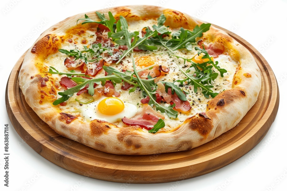 Pizza Carbonara with Bacon, Cheese, Rucola, Tomato Sauce, Mozzarella and Raw Egg Yolk Isolated Pizza Carbonara with Bacon, Cheese, Rucola, Tomato Sauce, Mozzarella and Raw Egg Yolk Isolated