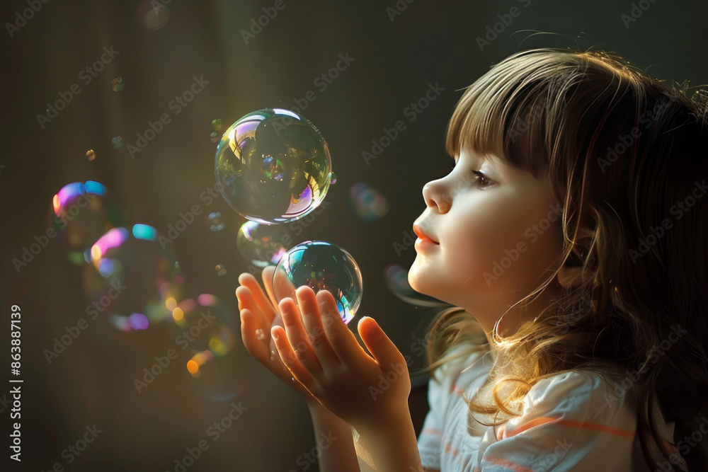 A young girl watches soap bubbles float in the air, illuminated by the warm sunlight A young girl watches soap bubbles float in the air, illuminated by the warm sunlight