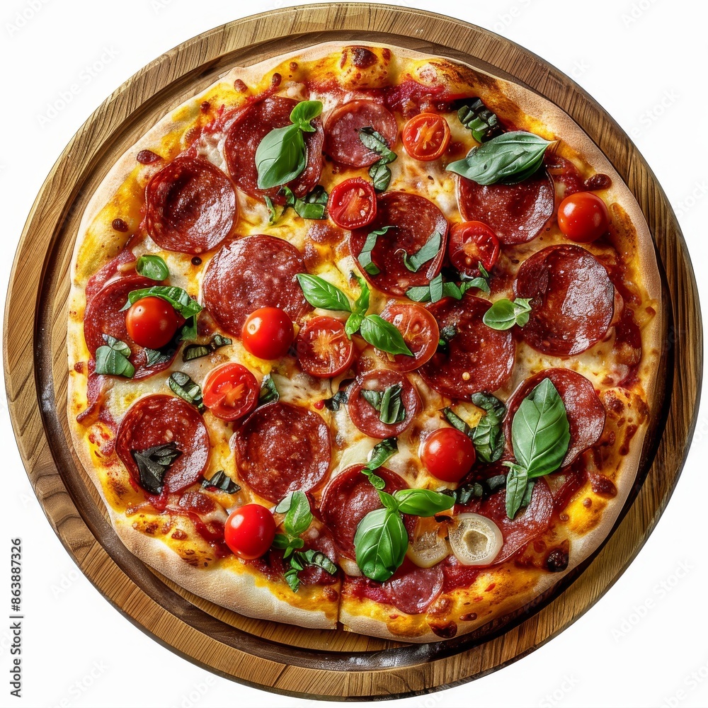 Pepperoni Pizza, Traditional Italian Diabolo Pizza Flatbread on Wood Plate with Salami, Chili Pepper Pepperoni Pizza, Traditional Italian Diabolo Pizza Flatbread on Wood Plate with Salami, Chili Pepper