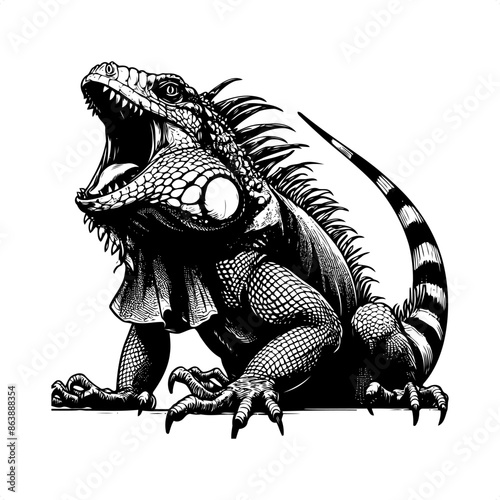 Iguana in black and white animal illustration