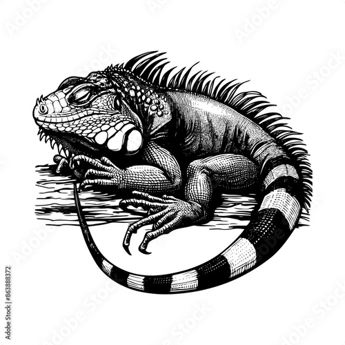 Iguana in black and white animal illustration