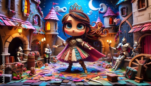 Palabras clave: ilustración 3d, princesa valiente, princesa, guerrera, cuento de hadas, reino mágico, valentía, castillo, medieval para niños, fantasía storybook, arte, decoraciones, variopinto