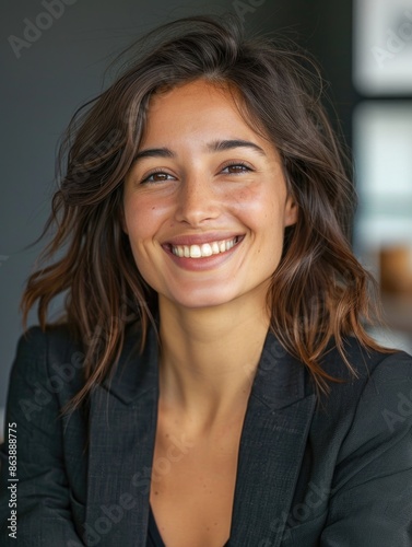 A smiling woman wearing a black blazer, suitable for business or formal occasions