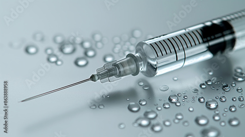 A close-up of a medical syringe filled with liquid, surrounded by drops of liquid photo