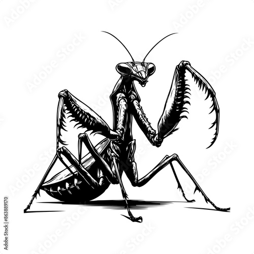 Mantis in black and white animal illustration