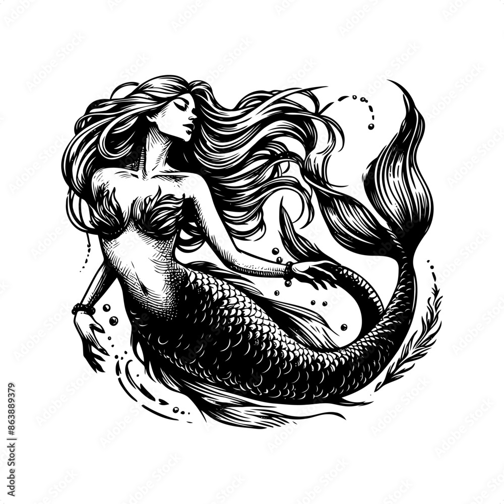 Mermaid in black and white animal illustration