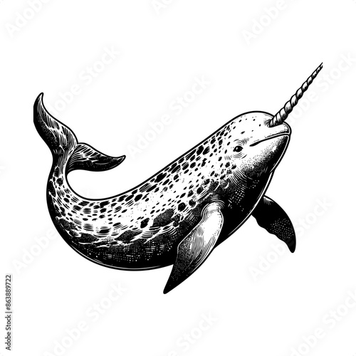 Narwhal in black and white animal illustration