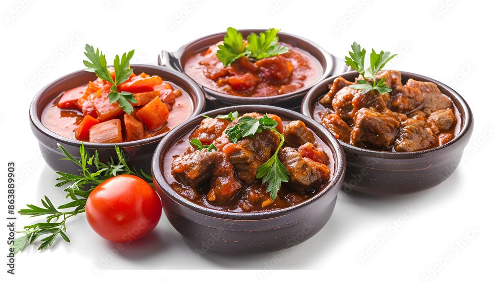 Tasty goulash. Set with cooked meat isolated on white Tasty goulash. Set with cooked meat isolated on white